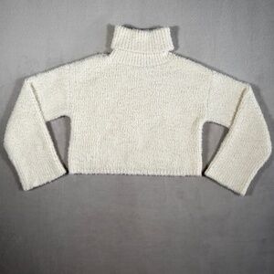 Aerie Sweater Womens Medium Ivory Soft Fuzzy Cropped Turtleneck Pullover